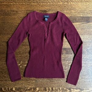 Ribbed Knit Henley, Burgundy Cotton Long Sleeve Top, 100% Cotton